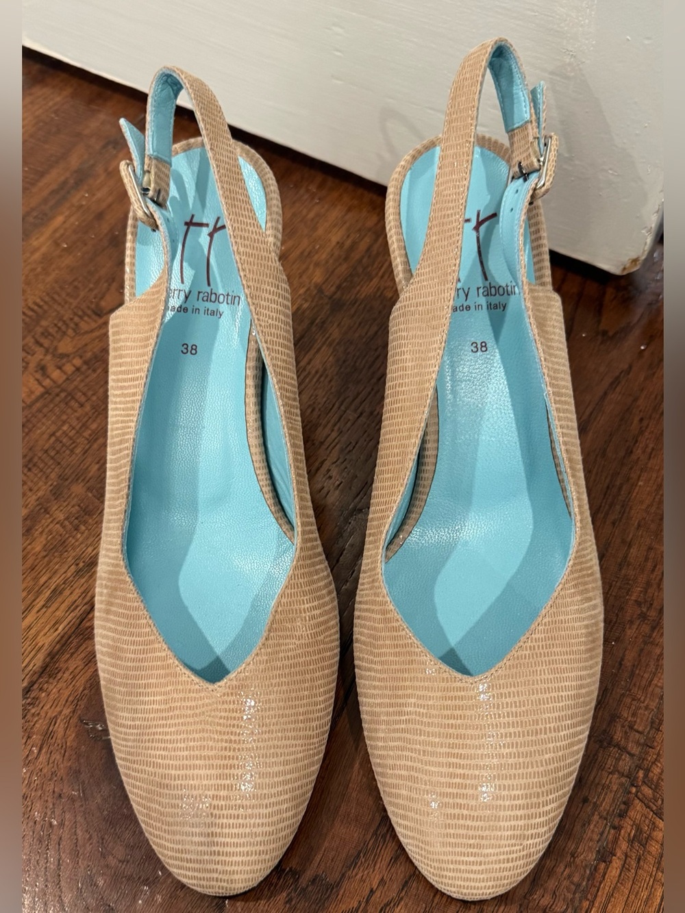 Thierry Rabotin Beige Slingback Pumps with Blue Insole